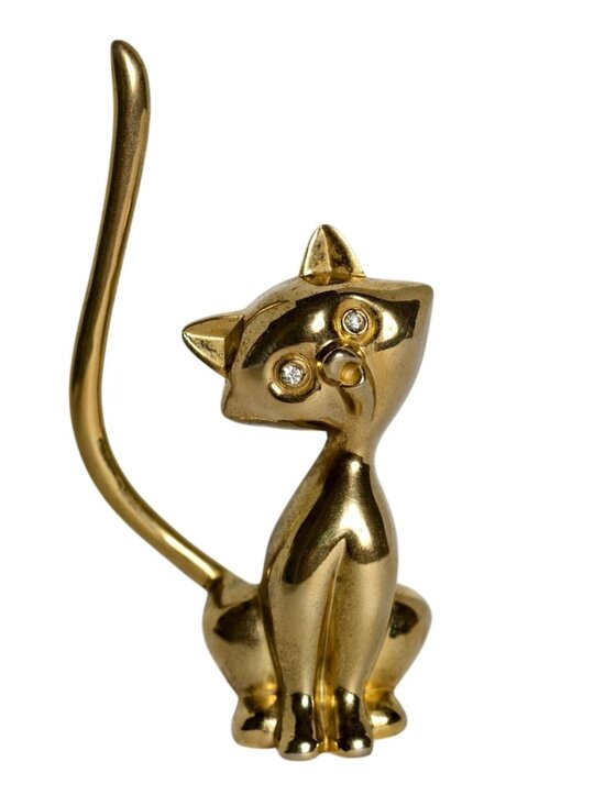 MCM Jewelry - Vtg MCM Brass Cat Ring Holder Rhinestone Eyes Figurine Gold Elegant Aesthetic